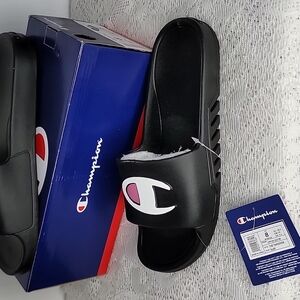 NWT In box Champion slip on black logo sandals slides size 8